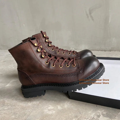 Vintage Thick-Soled Zipper Boots for Men Genuine Leather High-Top Brown Leather Trendy Handmade British Style Men's Boots