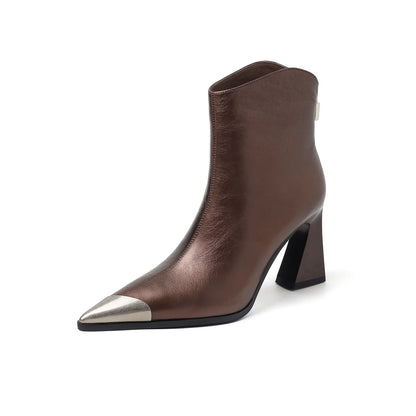 Women's Metallic Ankle Boots Metal Toe Cap Block Heel Design Sharp Pointed Toe Elegant Side Zipper Office-Casual Daily Botas