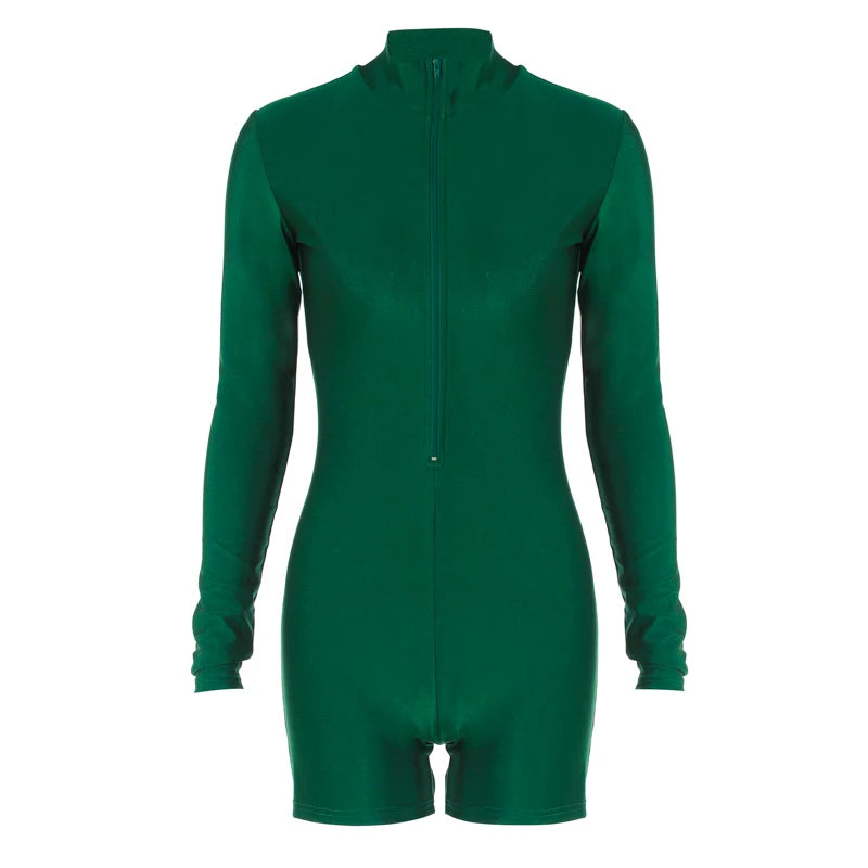 Hugcitar Solid Turtleneck Long Sleeve Zip Up Sexy Slim Skinny One Piece Playsuit 2024 Fall Women Fashion Streetwear Party Romper