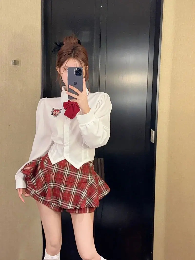 2025 improved cute sexy korea jk suit women autumn jk school uniform women shirt plaid pleated half skirt fashion two-piece set
