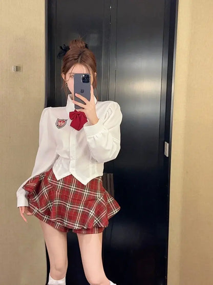 2025 improved cute sexy korea jk suit women autumn jk school uniform women shirt plaid pleated half skirt fashion two-piece set