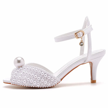Maogu 6cm Fish Mouth High Heeled Sandals Buckle Wedding Bride Luxury Designer Shoes Heels Pearl Sandal Ladies Shoe Large Size 43