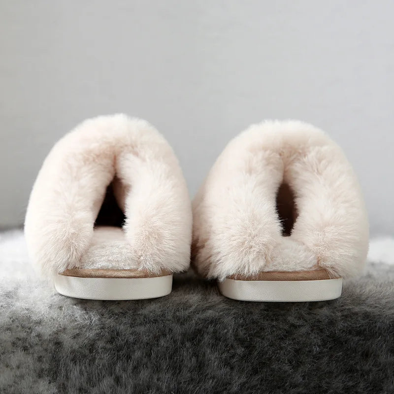 2025 Winter Warm Home Fur Slippers Women Luxury Faux Suede Plush Couple Cotton Shoes Indoor Bedroom Flat Heels Fluffy Slippers