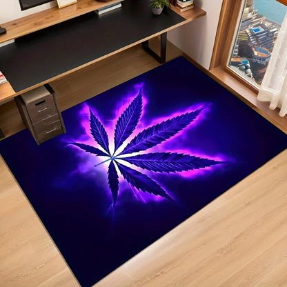 Psychedelic purple weed pattern rug cushion: non-slip, machine-washable polyester. For living room, bedroom—anti-fatigue decor.