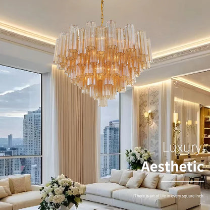 Round Murano Glass Ceiling Chandelier For Dining Living Room Bedroom Foyer Amber Glass Crystal Tube Hanging Chandelier Lights