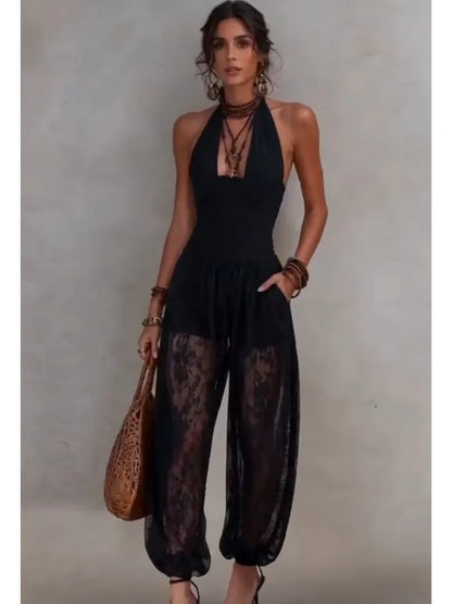 Solid Women Lace Jumpsuits For Spring Summer Sleeveless V-Neck Loose Fashion Streetwear Overalls Pants Trousers 2026