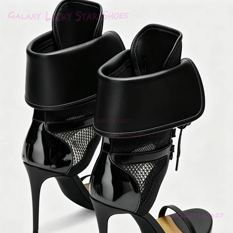 Black Metal Ring Rivet Button Sandals Dark Green Lace Up Stiletto Heels Women Round Toe Open Heels Ankle Strap Gold Summer Shoes