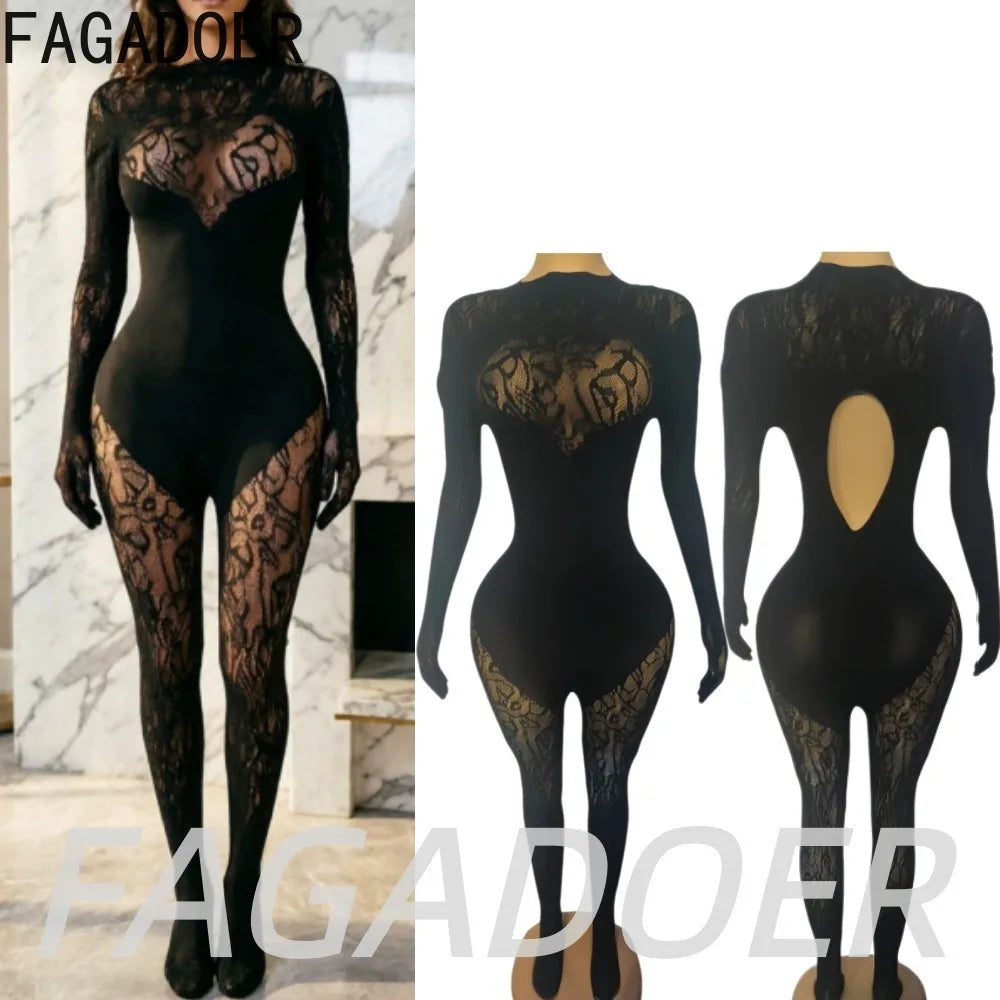 FAGADOER Sexy Knitted Patchwork Bodycon Jumpsuits Hot Girl Black See Through Hollow Out Romper Summer Night Party Club Playsuits