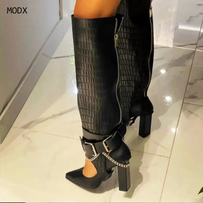 Retro Rivet Pointed Toe Knee High Boots for Woman Fashion Belt Buckle Design High Heel Knight Boots Punk Style Long Women Boots