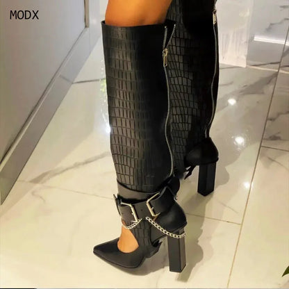 Retro Rivet Pointed Toe Knee High Boots for Woman Fashion Belt Buckle Design High Heel Knight Boots Punk Style Long Women Boots