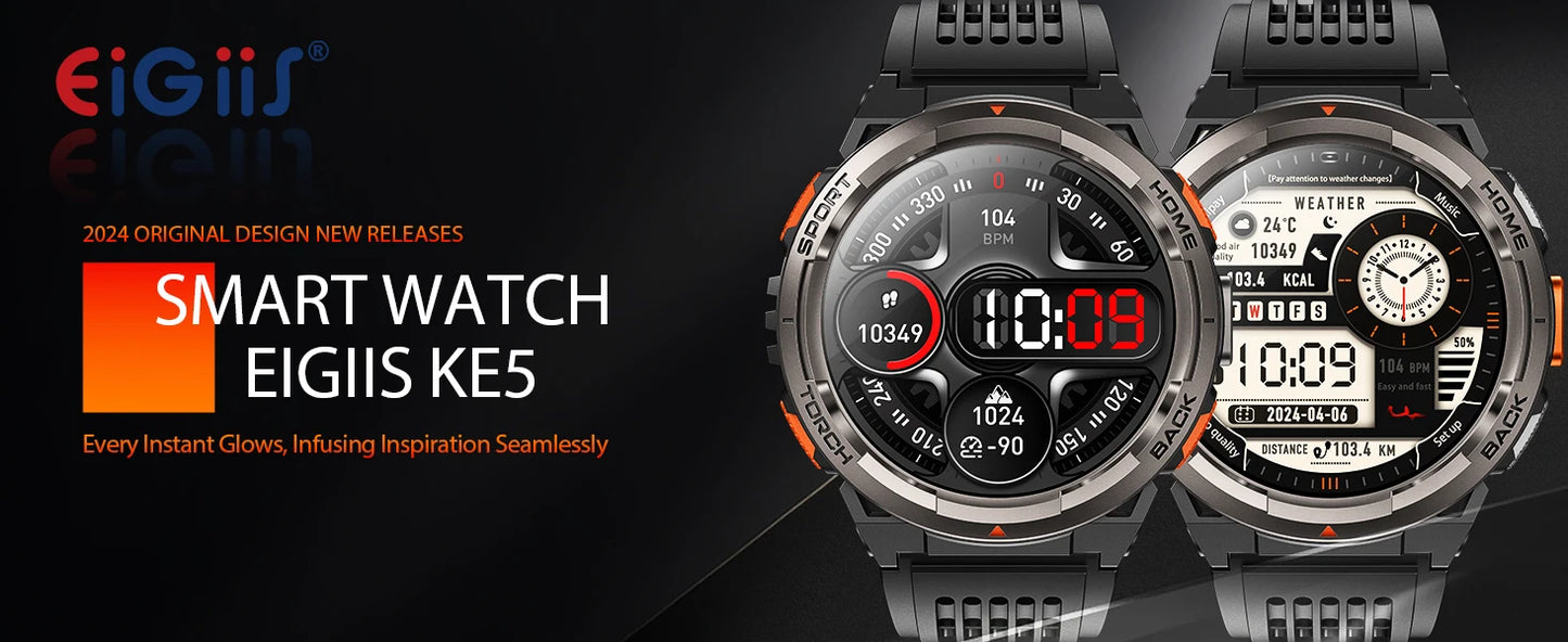 EIGIIS KE5 3ATM Waterproof Smart Watch for Men with LED Flashlight 1.45'' HD Rugged Smartwatch with 530mAh Big Battery