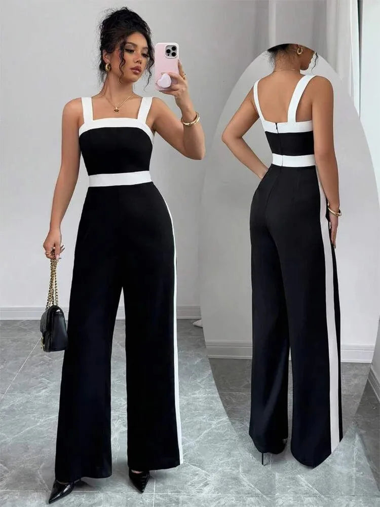 Women's Casual Black Jumpsuit White Contrast Trim Square Neck Great for City Nights Social Gatherings Fashionable Wear