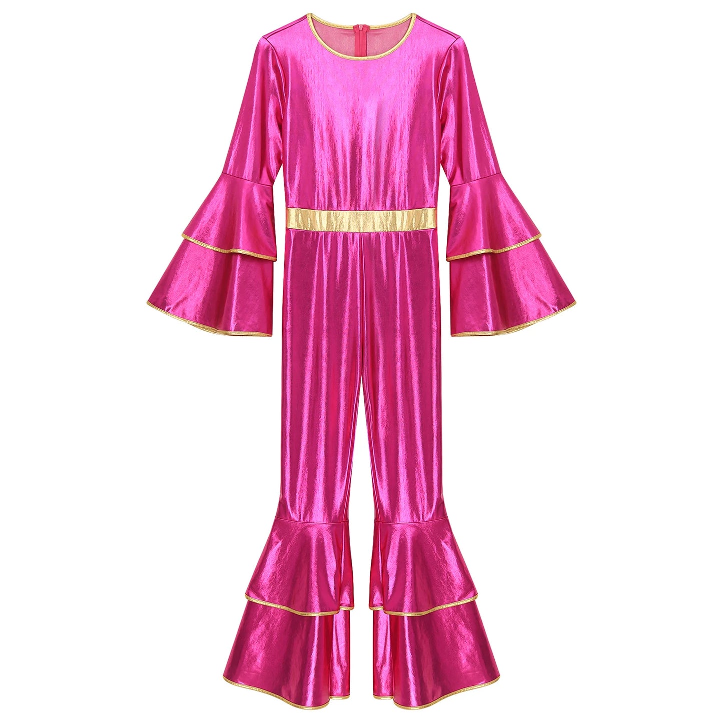 Womens 70S Disco Vintage Jumpsuit Metallic Shiny Flare Sleeve Bodysuit Hippie Bell Bottom Jazz Dance Carnival Rave Party Costume