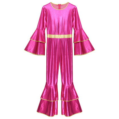 Womens 70S Disco Vintage Jumpsuit Metallic Shiny Flare Sleeve Bodysuit Hippie Bell Bottom Jazz Dance Carnival Rave Party Costume