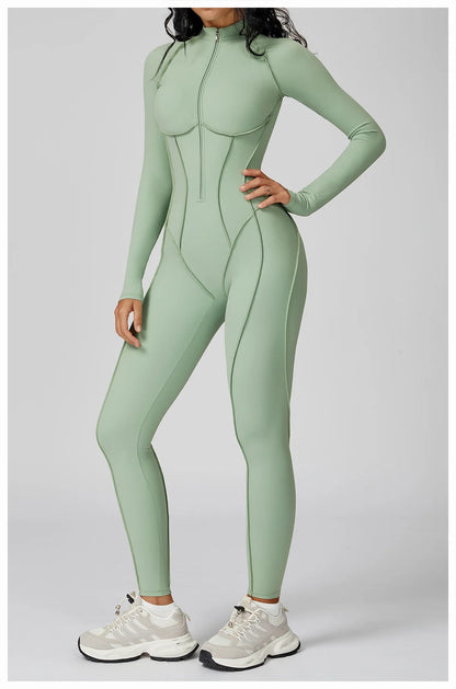Sexy Rompers Workout Zipper Jumpsuit Long Sleeves Sports Bodysuits Women Gym Running Fitness Suits Gym Tracksuit Sportswear