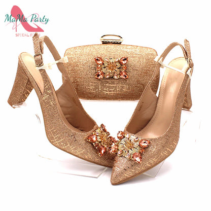 Fuchsia Color Italian Classics Design African Women Shoes and Bag Set High Quality with Shinning Crystal for Wedding Party