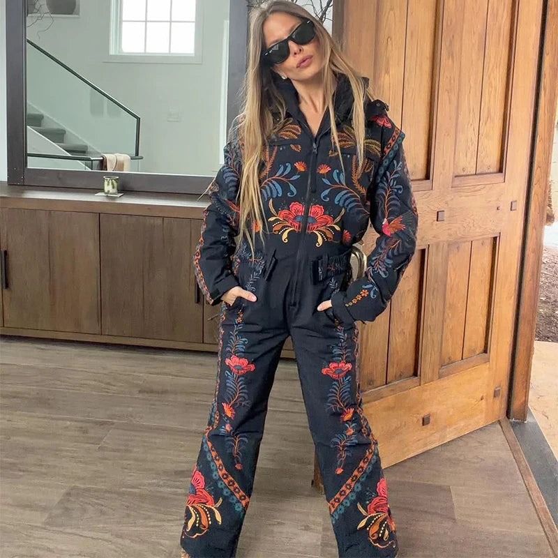 Floral Print One Piece Ski Suit Fashion Hooded Waterproof Thermal Snowboard Jumpsuit 2026 Winter Outdoor Windproof Snow Outfit