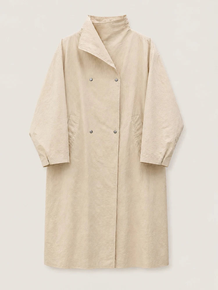 Convertible Collar Oversized Maxi Trench Coat Women Snap Buttons Dolman Sleeve Patch Pockets Outerwear New Ladies Trench Jacket