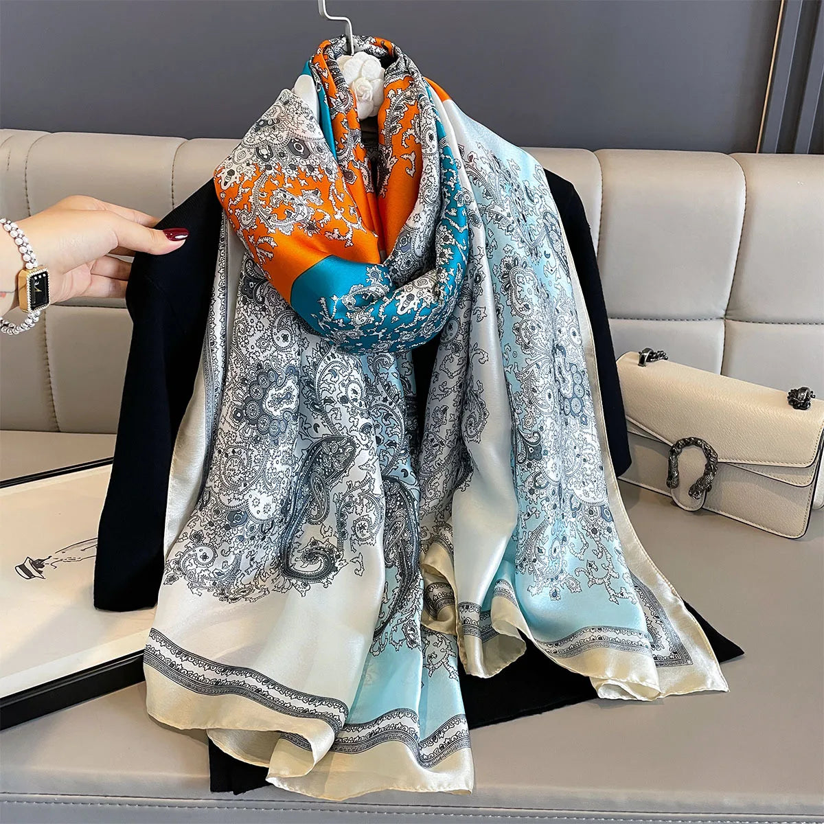 180*90cm Large Silk Satin Scarf Women Fashion Printed Scarf Spring And Summer Styles New Shawl Wrap Female Hand 2025 NEW