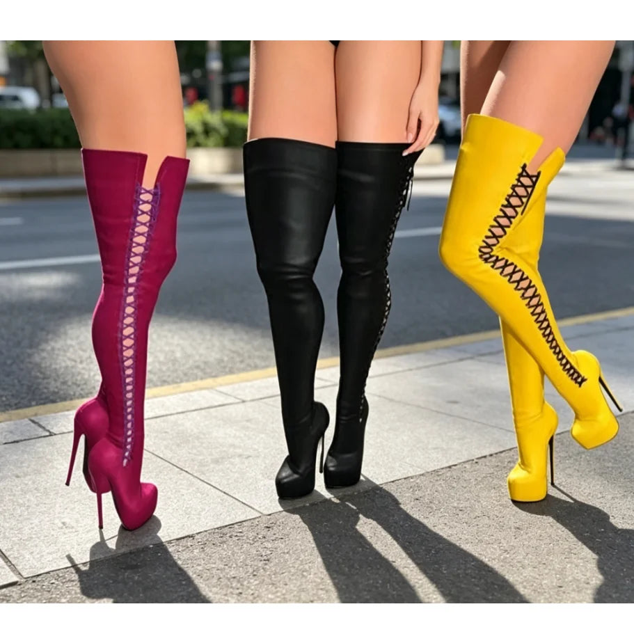 Yellow Cross Band Stiletto Sexy Boots Round Toe Solid Spring New Fashion Party Dress Women Over Knee Boots Zapatos Para Mujere