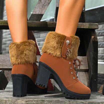 Elegant Fluffy Fur Thick High Heel Suede Ankle Boots Women Winter 2026 Designer Warm Plush Black Short Boots Woman Furry Booties