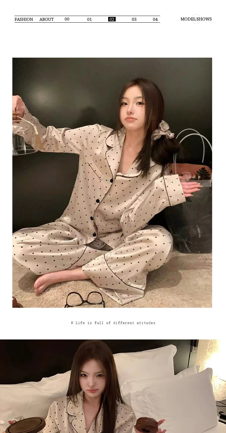 French High Sense of Sleepwear Women Spring and Fall New Simple Polka Dot Long-Sleeved Long Pants Ice Silk Homewear Fashion Suit