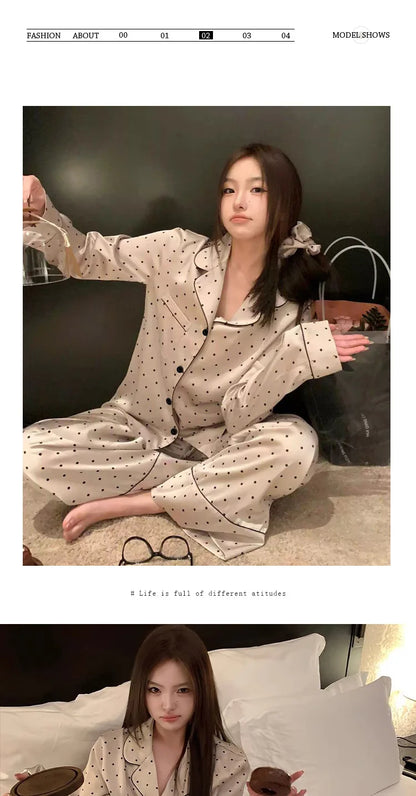 French High Sense of Sleepwear Women Spring and Fall New Simple Polka Dot Long-Sleeved Long Pants Ice Silk Homewear Fashion Suit