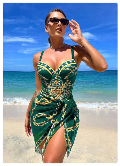 Underwire Women Sexy Swimsuit 2 Piece Swimwear Slim Monokini Chains Print Push Up Bikini Black Blue Green Beachwear Light Luxury