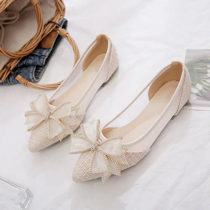 Women's Flat Mesh Shoes Diamond with Bow Pointed Toe Ladies Footwear Casual Non Slip Luxury Brand Elegant and Fashionable Y2k On