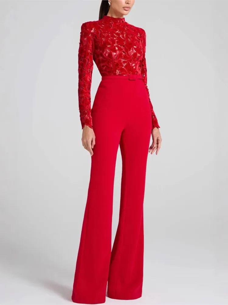 Autumn And Winter New Long-sleeved Belt High-waisted Casual One-piece Flared Trousers Women's Casual Loose Party Jumpsuits