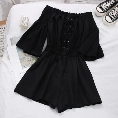 Women's Casual Summer Beach Romper Olive Green Off The Shoulder Lace Up Short Sleeve Elastic Waist Playsuit