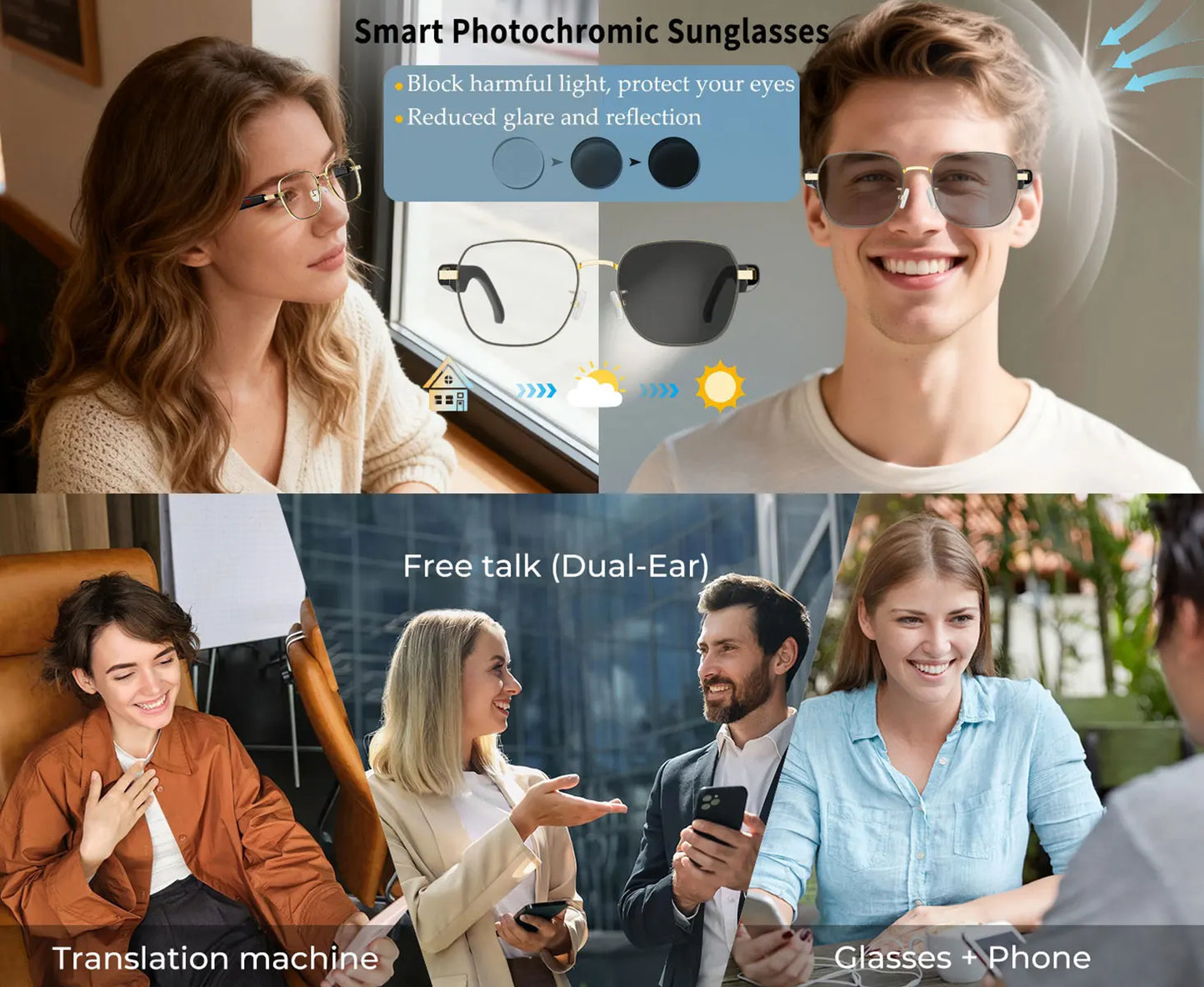 Smart Audio Glasses with Real-Time Translation Hi-Fi Music Playback Noise-Cancelling Voice Calls And Photochromic Lenses