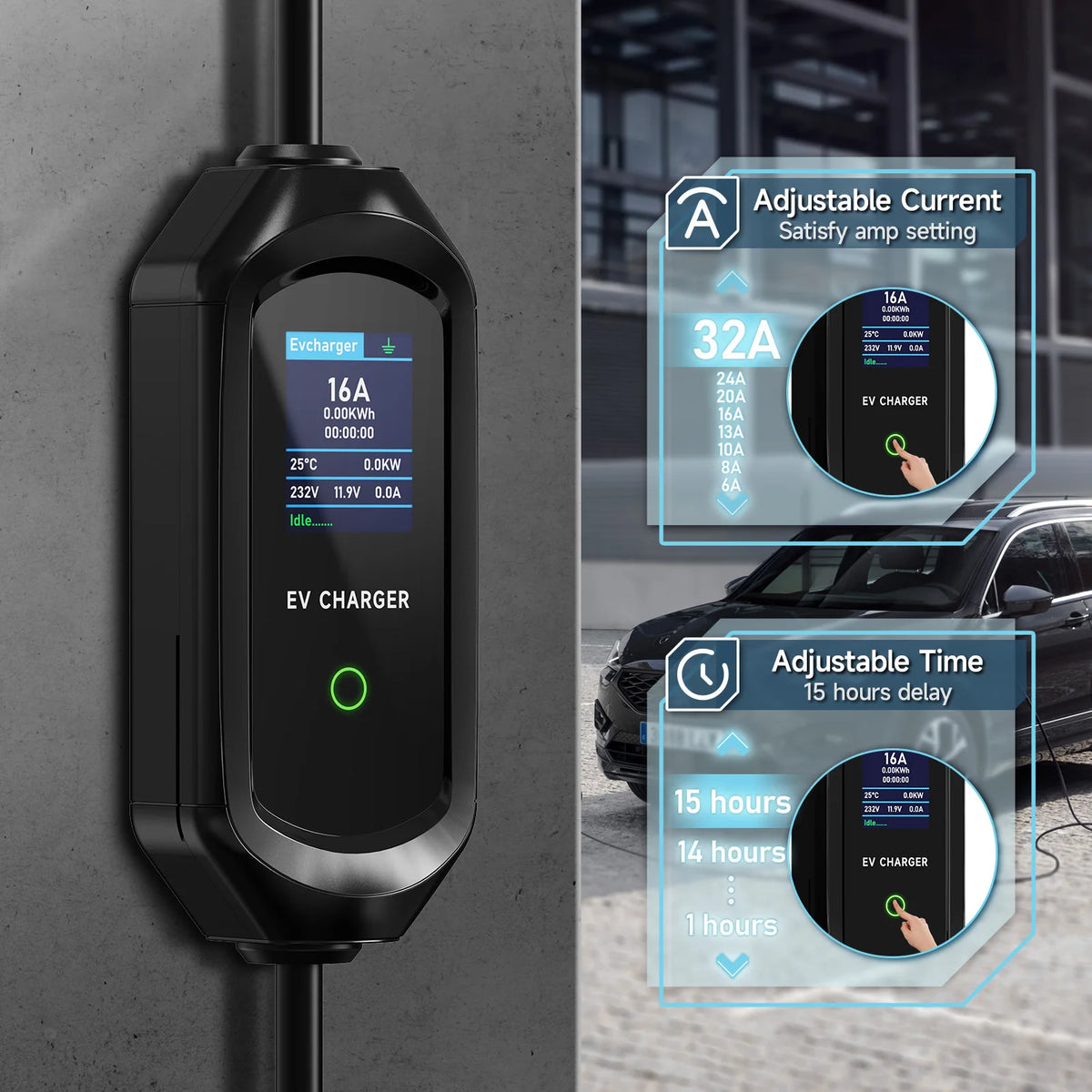AFEEV Type 2 Portable EV Charger 7KW 32A 1Phase Wallbox Type1/GBT EVSE Fast Charging Cable CEE Plug APP Bluetooth Control