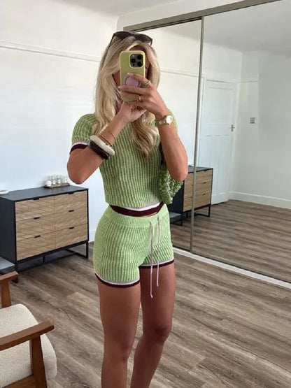 Casual Knitted Pants Set Round Neck Green Sleeves Top Drawstring Shorts 2pcs Sets 2026 Summer Vacation Commute Daily Lady Suit