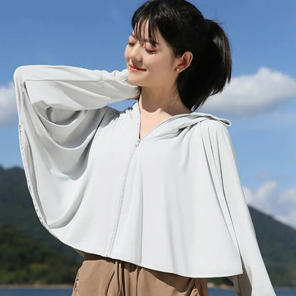 Solid Color Sunscreen Hoodie Long Sleeve Large Brim Hat Summer Sunscreen Shawl Thin Arm Sleeves Ice Silk Short Jacket Running