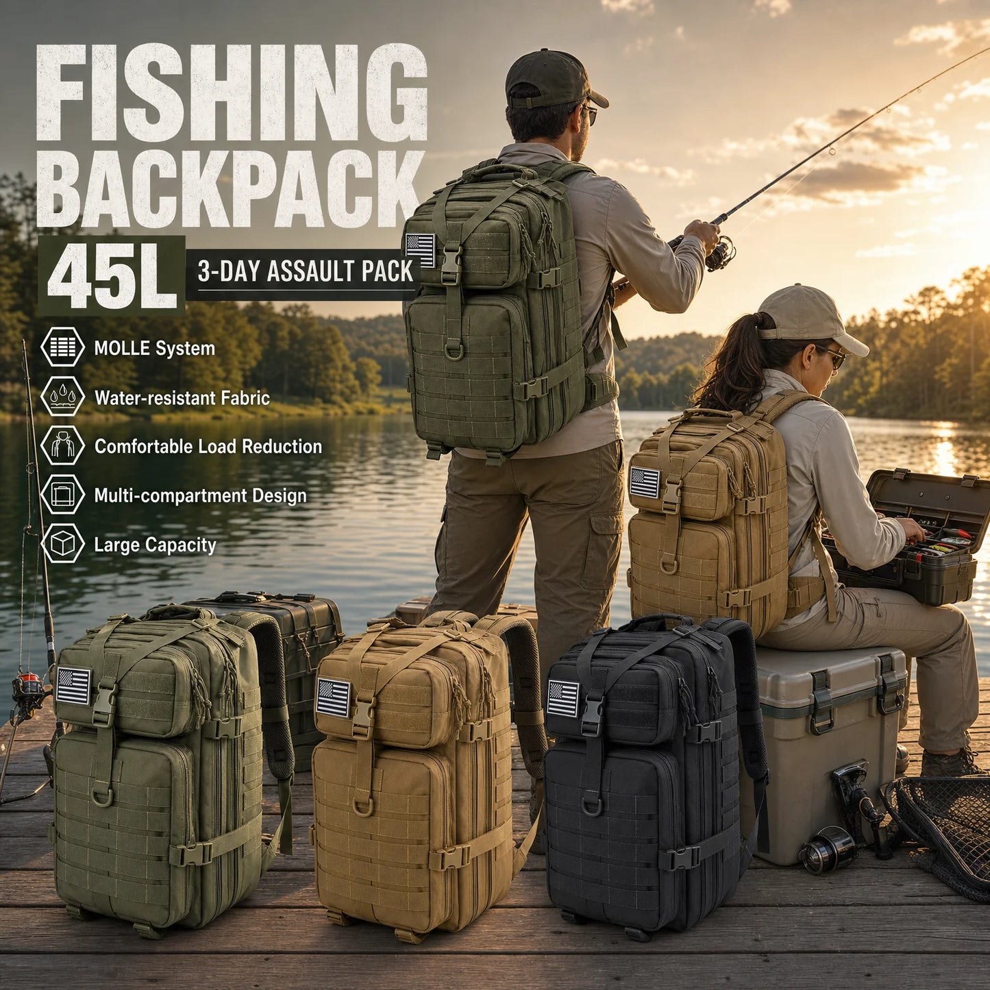 45L Tactical Fishing Backpack Molle Water Resistant Outdoor Tackle Bag Large Capacity Storage Camping Hiking Travel Rucksack Trekking Men Women Anglers Fishermen Rod Reel Gear Durable Multi Pocket Wear Resistant Lake River Se