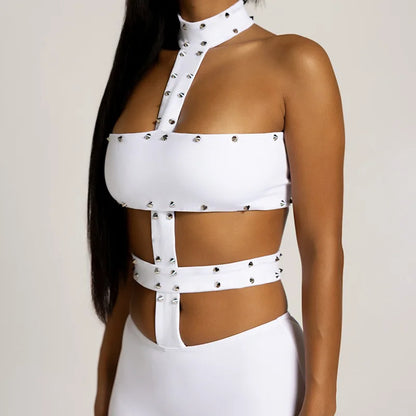 Sexy Halter Neck Cutout Bodycon Jumpsuit Women 2026 Summer Solid Studded Hollow Out Biker Short Romper Party Clubwear Outfits