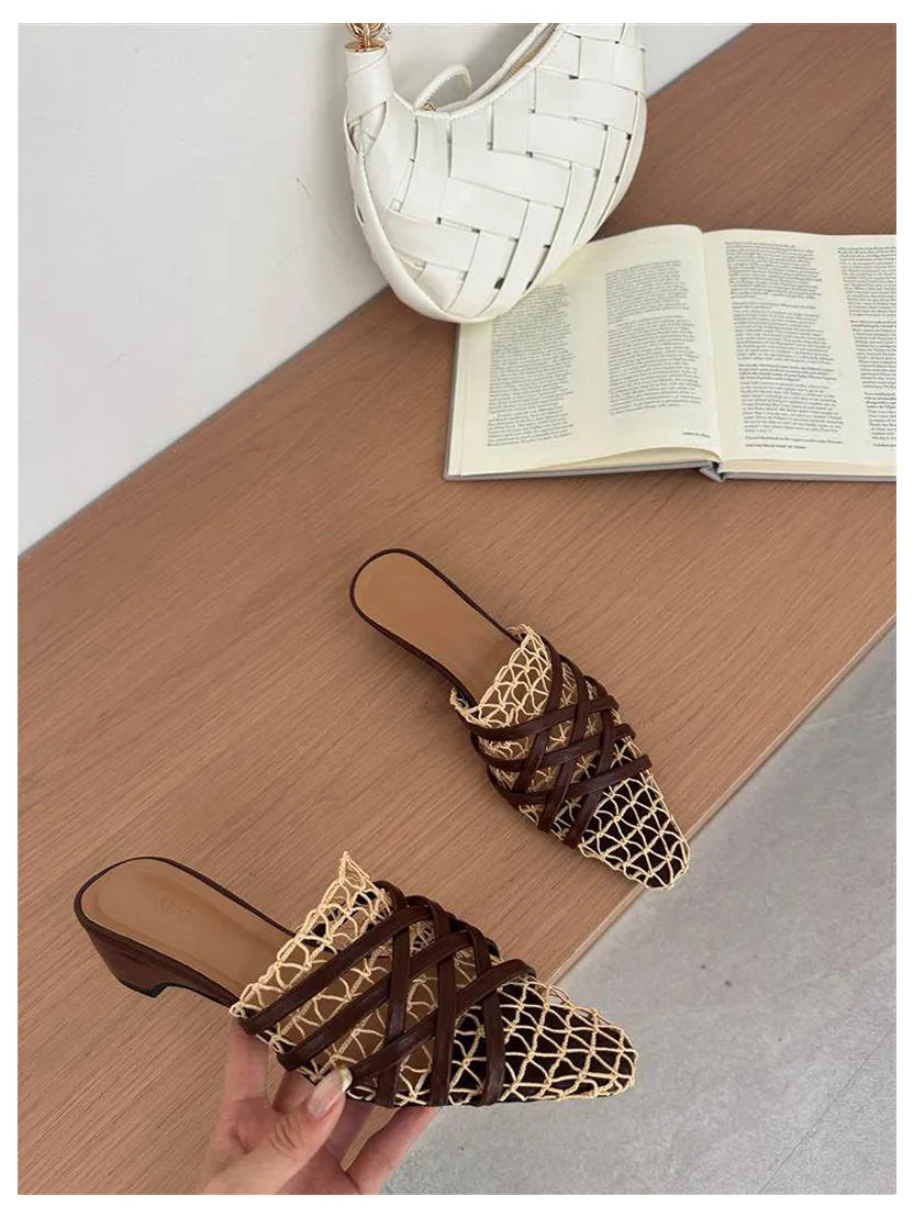 2026 Summer Luxury Fashion Designer Slippers Women Lace Mesh Square Toe Slip On Mule Slippers Low Heel Sandal Casual Shoes Muje