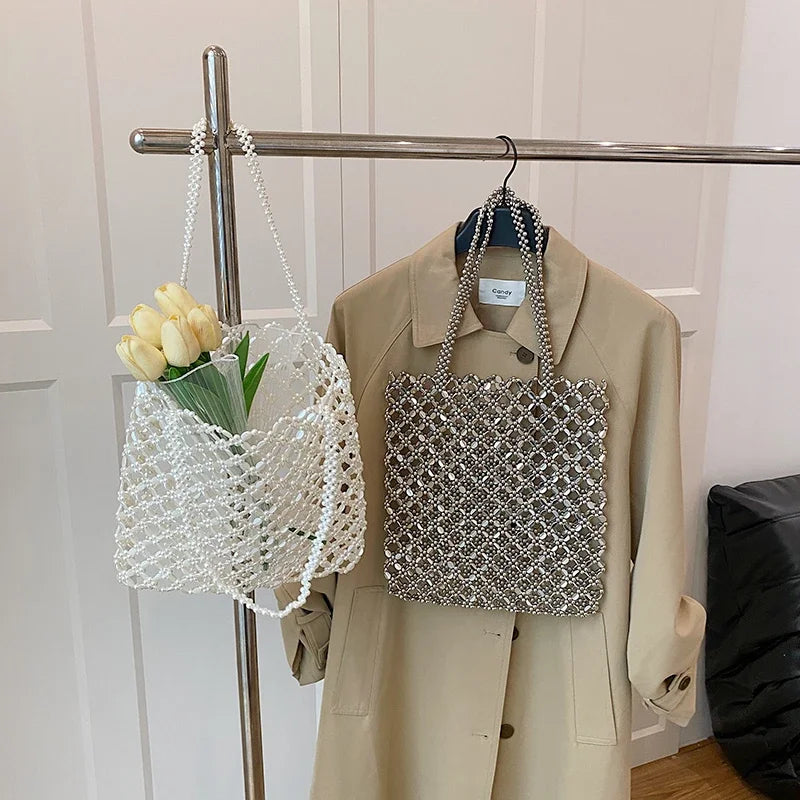 2026 Fashion Exquisite Bead Sense of Luxury Hollow Out Women‘s Handbags Hot Sale New No Zipper Acrylic Square Shoulder Bags