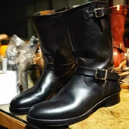 New Men'S PU Leather Boots Men'S Leather Round Middle Top Boots Flat Bottomed Boots Men'S Retro Trendy Leather Shoes