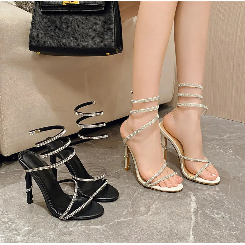 Luxury Crystal Snake Coiled Women Sandals Sexy Narrow band Thin High heels Wedding Party Female Gladiator Sandals Summer Shoes