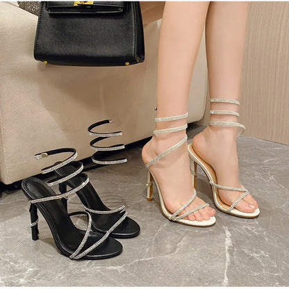 Luxury Crystal Snake Coiled Women Sandals Sexy Narrow band Thin High heels Wedding Party Female Gladiator Sandals Summer Shoes