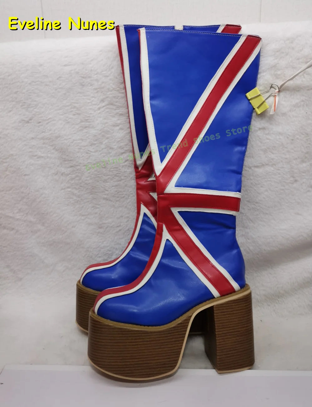 Blue Buffalo Platform Fashion Boots Round Toe Chunky Heels Zipper Closure National Flag Pattern Street Style Lady Knee High Boot