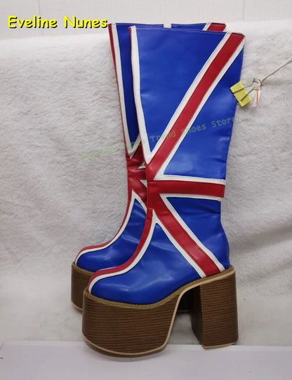 Blue Buffalo Platform Fashion Boots Round Toe Chunky Heels Zipper Closure National Flag Pattern Street Style Lady Knee High Boot