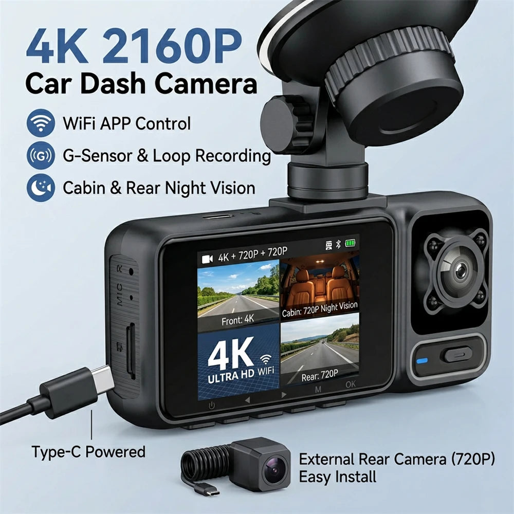 4K Dash Cam 3 Lens Driving Recorder WiFi Car DVR Front Inside Rear Triple Camera 2160P UHD Video Recorder 24H Parking Monitor