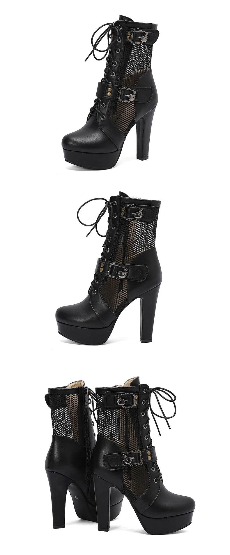 Plus Size Hollowed Out Mesh Patchwork PU Cross Tie Side Zipper Summer Cool Mid-Calf Boots Platform Ultra-High Thick Heel Boots