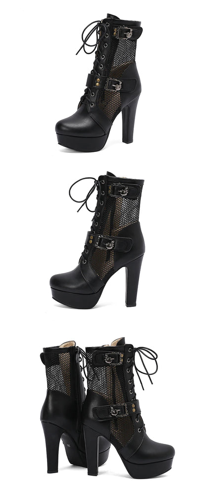 Plus Size Hollowed Out Mesh Patchwork PU Cross Tie Side Zipper Summer Cool Mid-Calf Boots Platform Ultra-High Thick Heel Boots