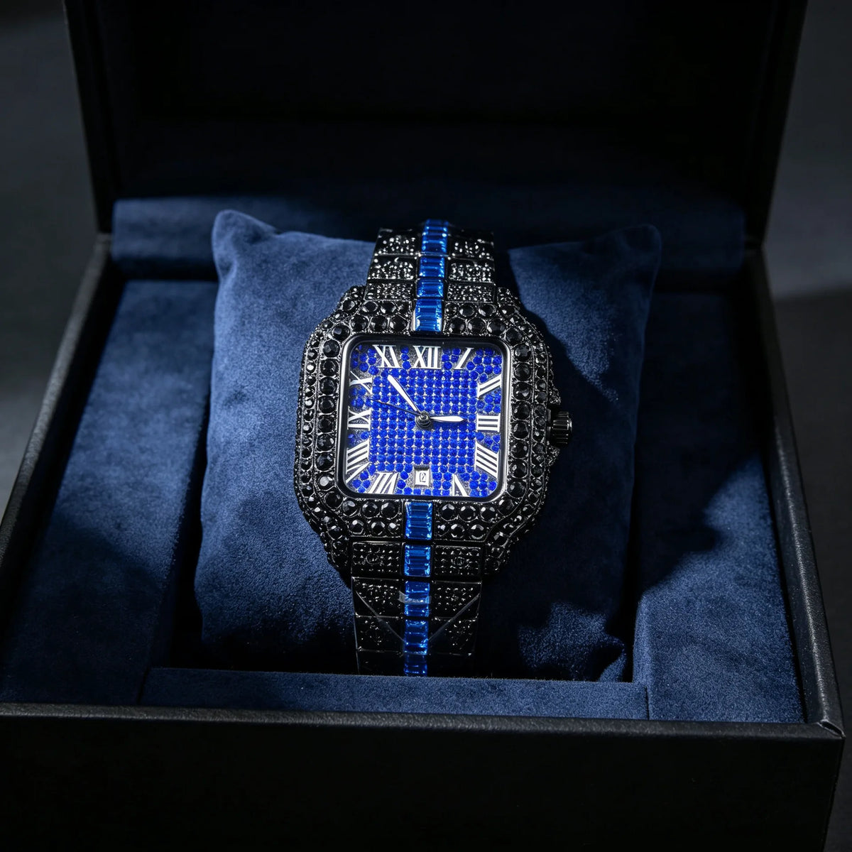 European Full Diamond Men's Quartz Watch with Waterproof Square Case and Hot Fashion Fold Clasp Style