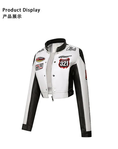 Women's Embroidered White PU Leather Jacket Motorcycle Wear Trendy Jazz Dance Autumn 2025 Collection New Arrival
