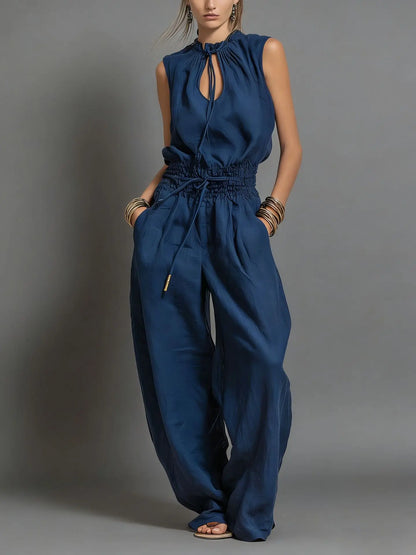 Summer Fashion Elastic Waisted Wide Leg Jumpsuit Women's Sleeveless Sexy Deep V-Neck Lace-up Loose Pockets Female Rompers 2026